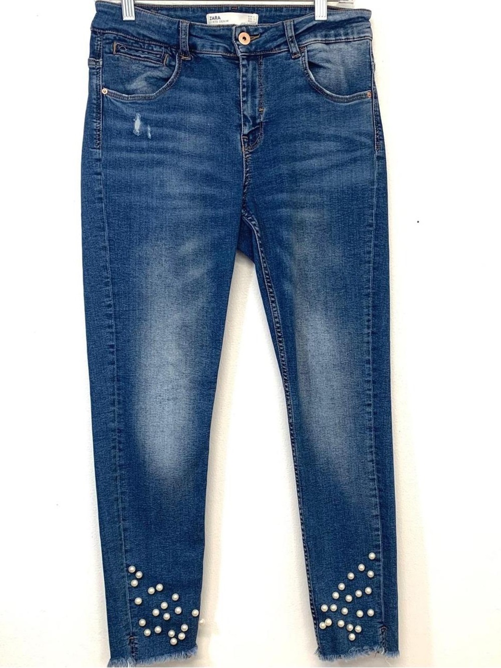 ZARA Blue Skinny Jeans with Pearl Hem Detail